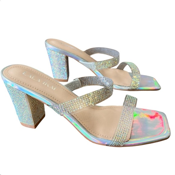 NWT LALA IKAI Women's Square Toe Heels, Sandals, Clear Straps With Rhinestones - Picture 11 of 15